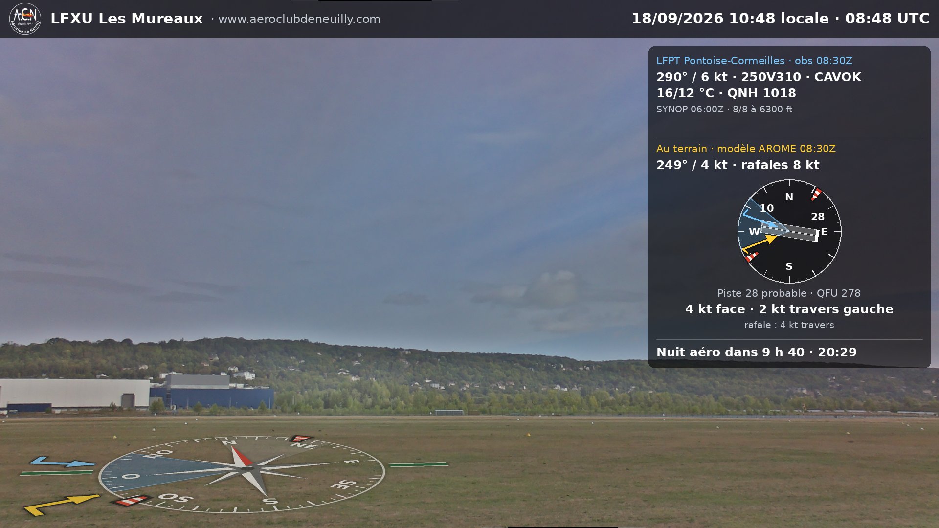 Vue du terrain de LFXU depuis la webcam de l'aéroclub : la date, l'heure et la météo sont incrustées dans l'image.